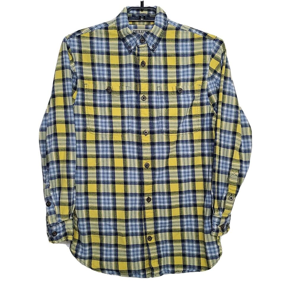 Duluth Trading Co Mens Free Swingin' Flannel Slim Fit Shirt Medium Yellow Blue